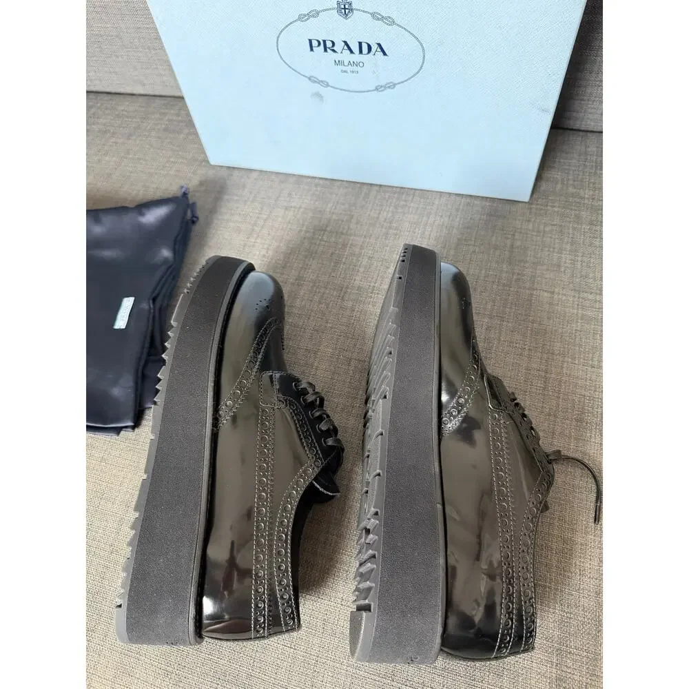 New Prada Leather Platform Brogue Derby Dress Shoes Sneakers Black Size 35.5